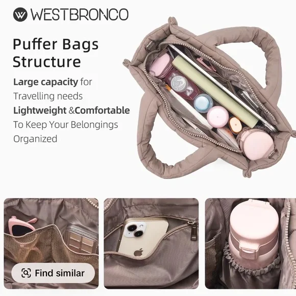 NWT WESTBRONCO BROWN TAN bubble Puffer Tote bag purse Quilted Crossbody - Picture 3 of 10